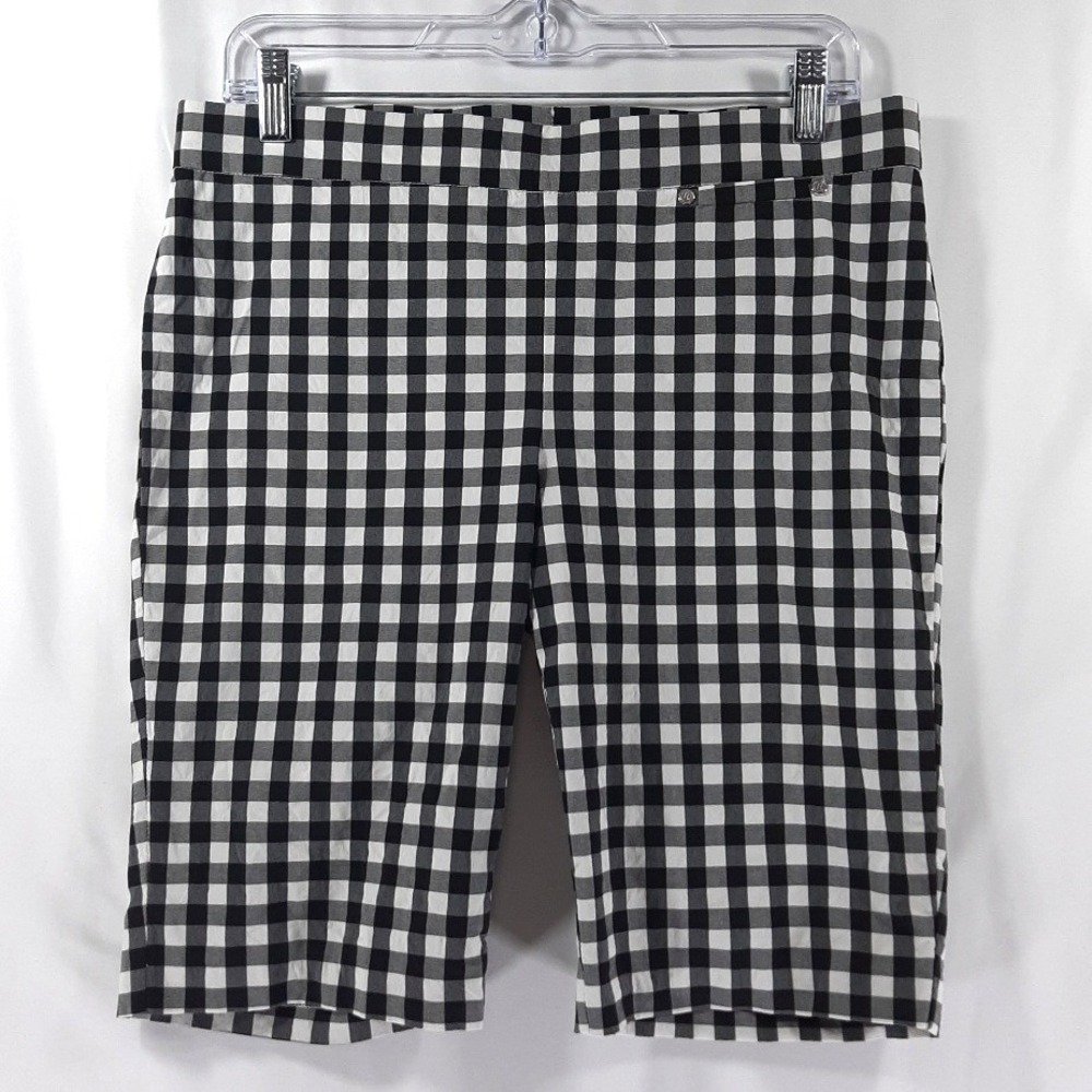 Black White Gingham Checkered Mid Length Shorts Silver Hardware Accents